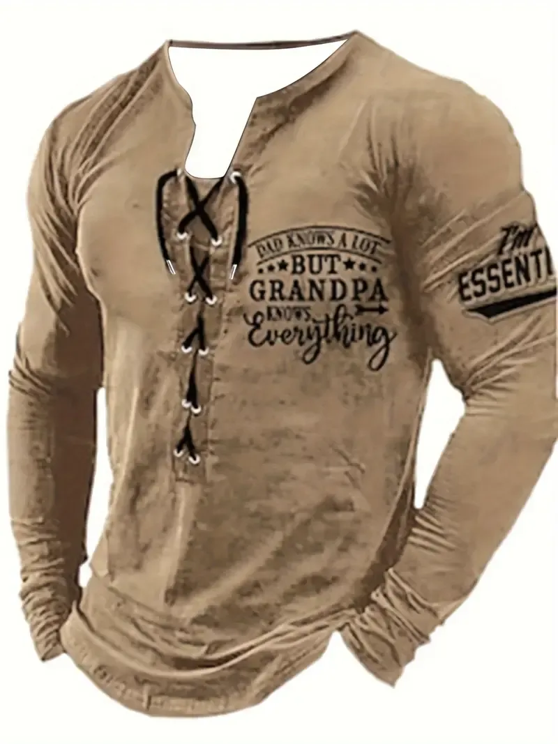 Chic Letter Print Men's Long Sleeve Round Neck Henley Shirt With Drawstring For Spring Fall, Father's Day Gift