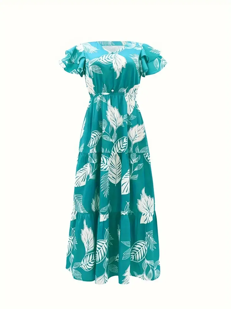 Feather Print V Neck Dress, Elegant Tiered Sleeve Midi Dress For Spring & Summer, Women's Clothing