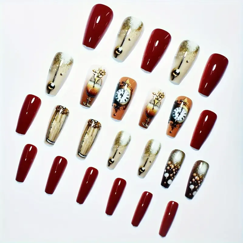 24-Piece Press-On Nail Set in Square Shape with Medium Length - Chic Cartoon-Inspired Design with Clock and Wine Glass Elements, Bouquet Motifs, and Pearl Accents on Nude & Red Gradient - Glossy Finish with Jelly Glue and Nail File Included