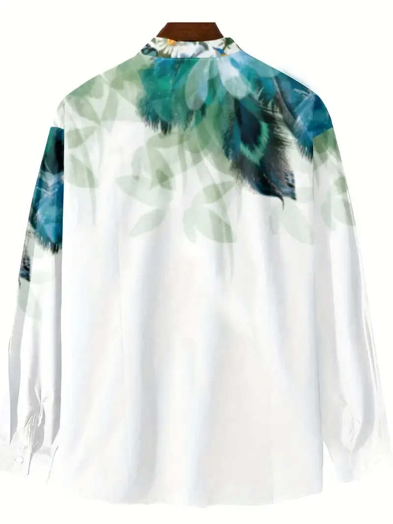 Feather 3D Pattern Print Men's Casual Long Sleeve Shirt