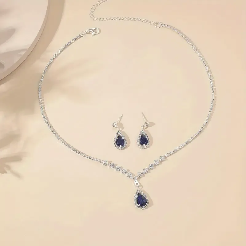 1 Pair Of Earrings and 1 Necklace Elegant Jewelry Set Silver Plated Inlaid Shining Rhinestone In Waterdrop Shape Engagement and Wedding Jewelry