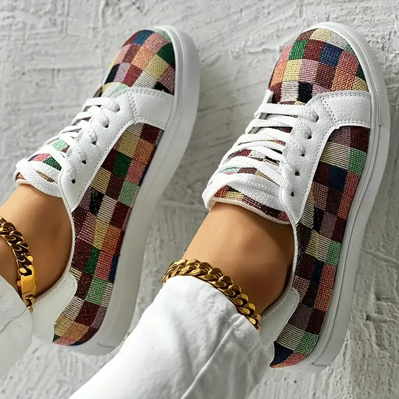 Women's Colorful Lace-Up Sneakers, Casual Low-Top Fashion Walking Daily Shoes, Comfortable Plaid Print Footwear