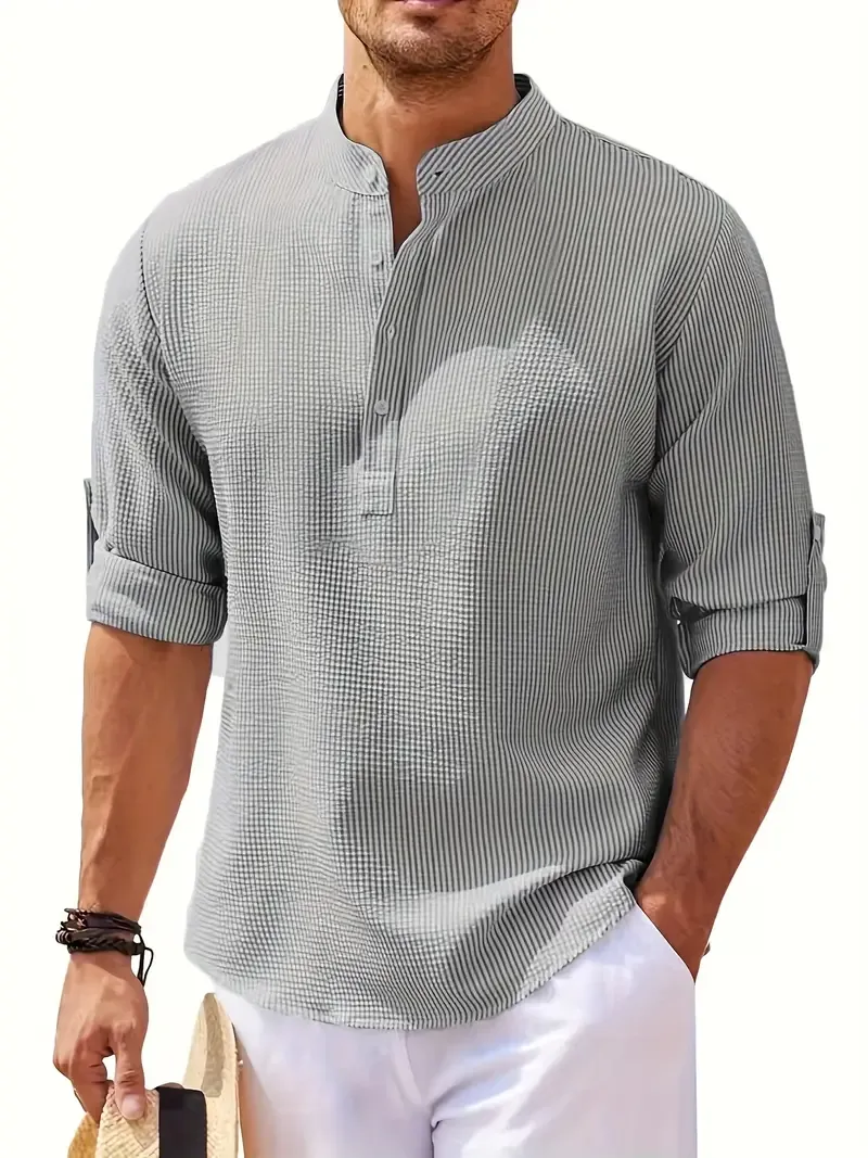 Solid Lapel Shirt, Men's Casual V-Neck Pullover Long Sleeve Shirt For Spring Autumn, Men's Clothing