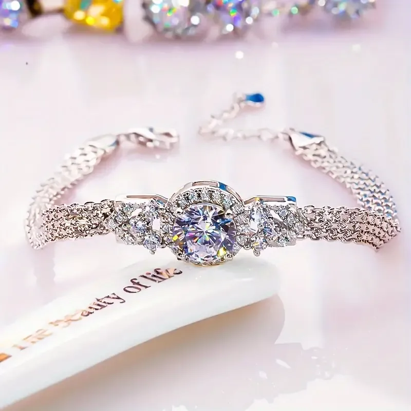 S925 Sterling Silver Moissanite Charm Bracelet, Luxury Style 18K Gold Plated Adjustable Bracelet For Women Exquisite Jewelry