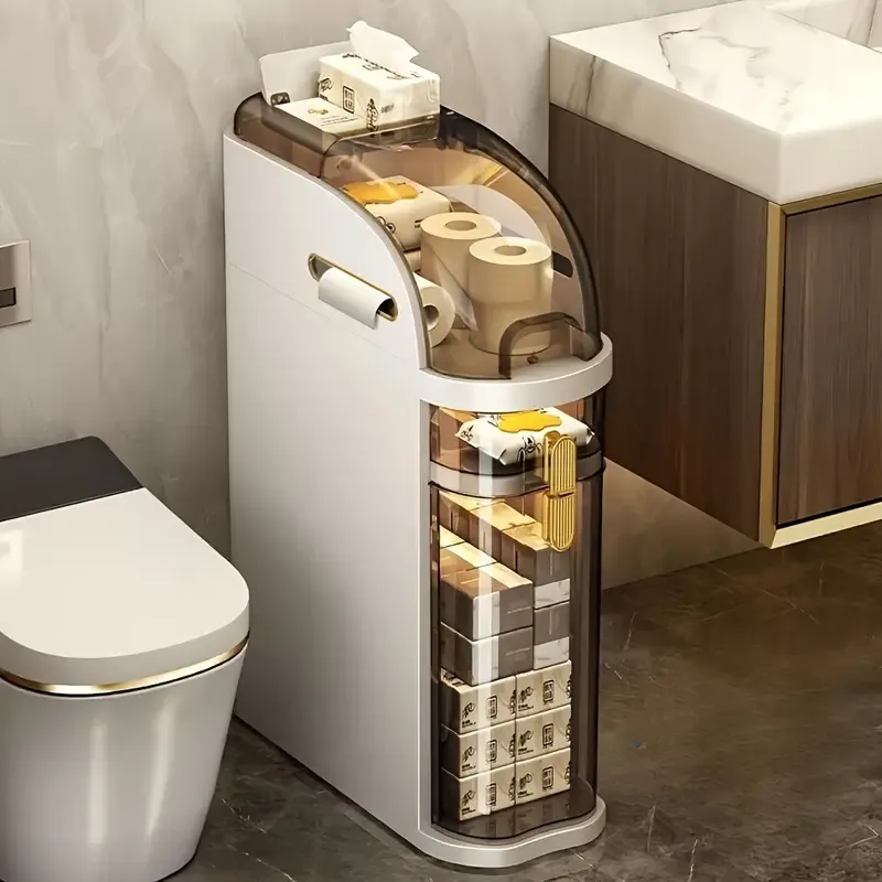 Slim Champagne Bathroom Storage Cabinet with Drawers, Tissue Holder & Wheels - Waterproof, Space-Saving Organizer for Kitchen, Laundry Room