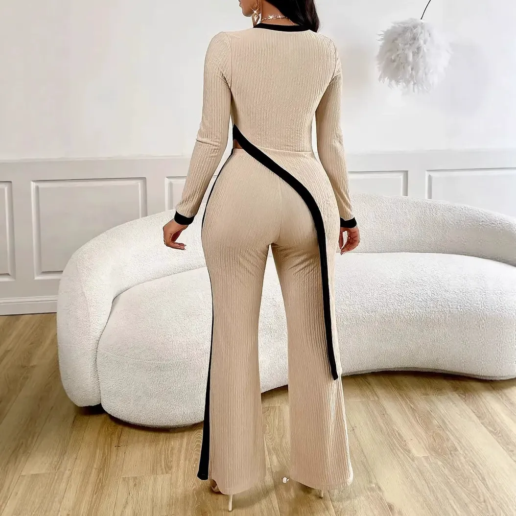New women's fashion long-sleeved contrast color side slit T-shirt + splicing trousers suit