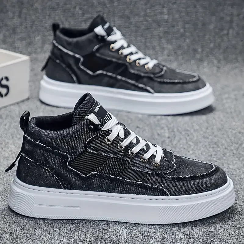 Men's High-Top Canvas Sneakers - Breathable Denim, Casual Sneakers with Lace-Up Closure for All Seasons