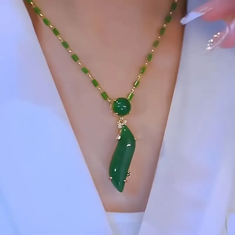 Chic Green Bamboo Pendant Necklace for Women - Faux Jade, Alloy with Resin Accents, Fashionable Clavicle Chain
