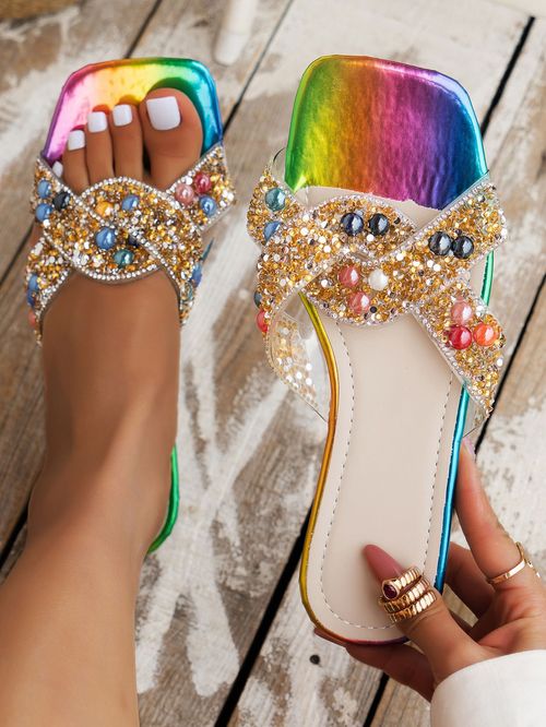 Summer square toe flat bottom one-line rhinestone big gemstone slippers for women large size fashionable beach outdoor slippers