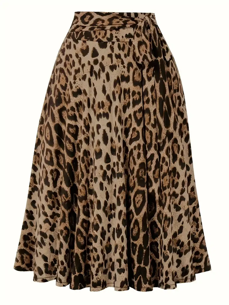 Plus Size Leopard Print Knot Skirt, Casual Elastic Waist Skirt For Spring & Summer, Women's Plus Size Clothing
