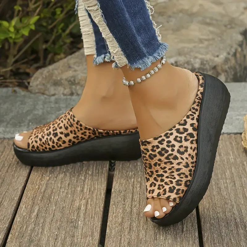 Women's Leopard Print Platform Sandals, Casual Open Toe Summer Shoes, Comfortable Slip On Sandals