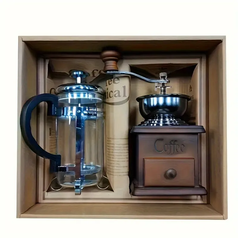 1Set Wooden Classic Vintage Mini Manual Bean Grinder Press Pot Set Kitchen Coffee Utensils Home Handheld Coffee Bean Grinder Gift Box Set Of Boutique Products