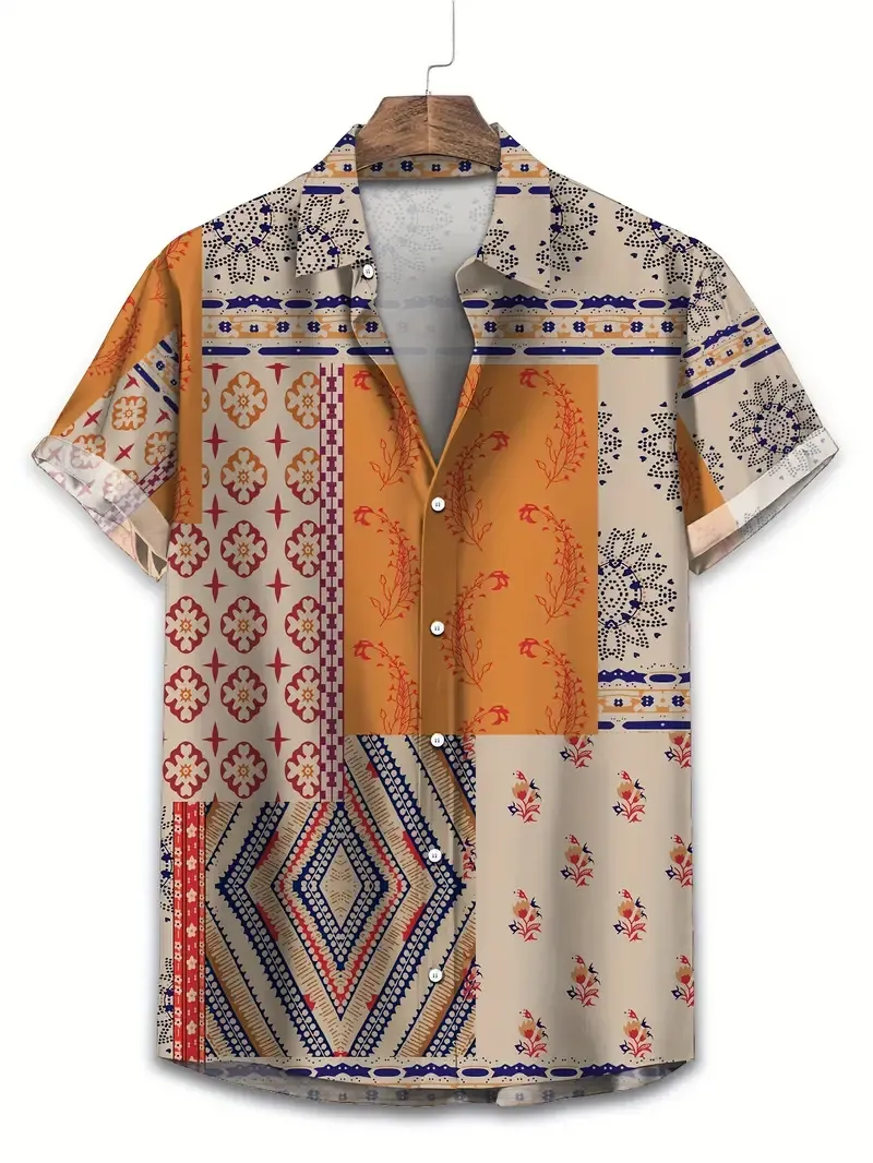 Vintage Casual Men's Patchwork Print Shirt - Plus Size, Adult, Men's, Spring Summer Autumn, Polyester, No Stretch, Regular Fit, Button Closure, Front Placket, Printed, Full Print, Serged, Polyester Fabric, Adult Men, No Stretch, Regular Fit, Button Closure, Front Placket, Printed, Full Print, Serged, Polyester Fabric