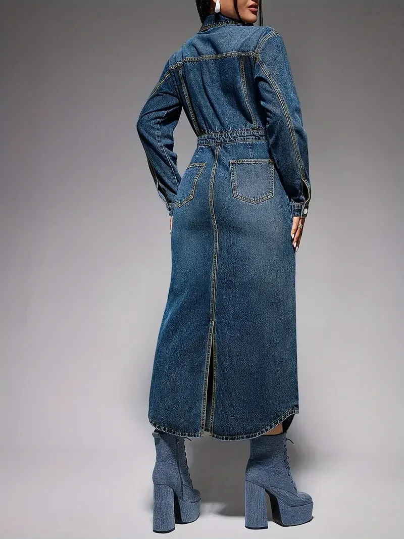Women's Straight Fit Long Sleeve Denim Dress, Elegant Casual Slim Dress, Women's Clothing & Denim