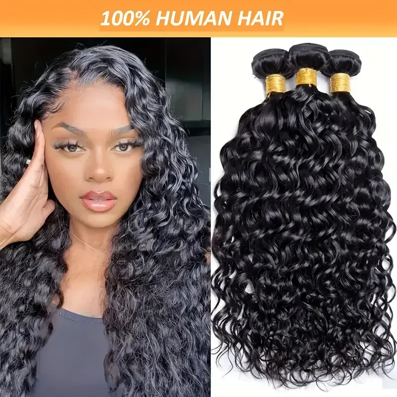 🔥Buy one get one free🔥-Aircabin 2pcs Water Wave Human Hair Extensions for Women - Natural Black, Soft & Full, Smooth Straight Texture