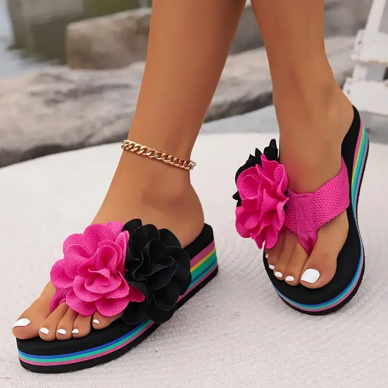Women's Flower Decor Flip Flops, Casual Clip Toe Summer Shoes, Comfortable Slip On Beach Shoes