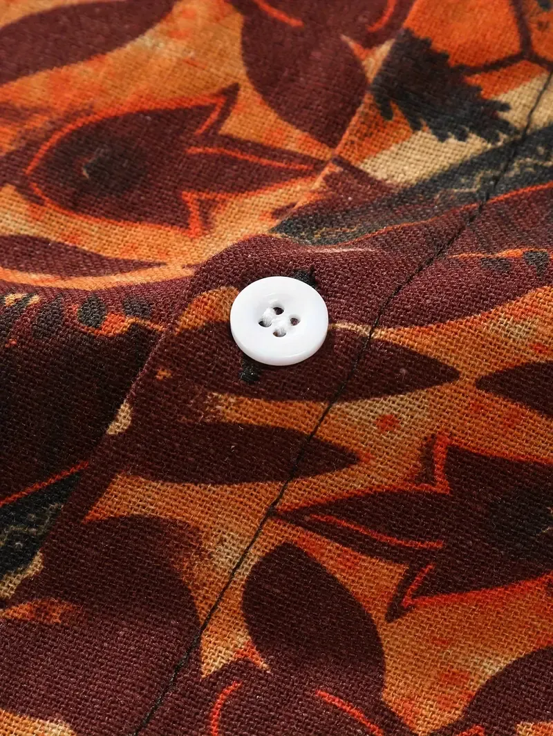 Men's Stylish Loose Cotton Blend Geometric Print Shirt, Casual Breathable Lapel Button Up Short Sleeve Shirt For Summer Outdoor Activities
