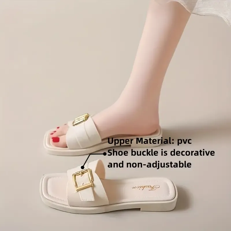 Women's Buckle Strap Design Slide Sandals, Casual Square Open Toe Flat Summer Shoes, Lightweight Slide Sandals