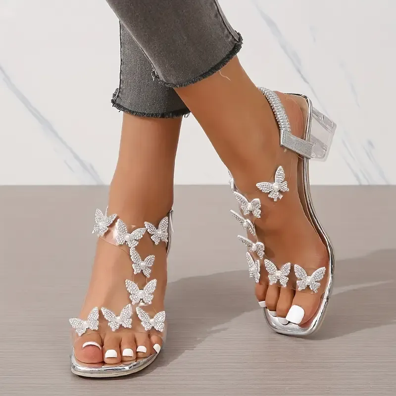 Elegant Butterfly Rhinestone Mid-Heel Sandals