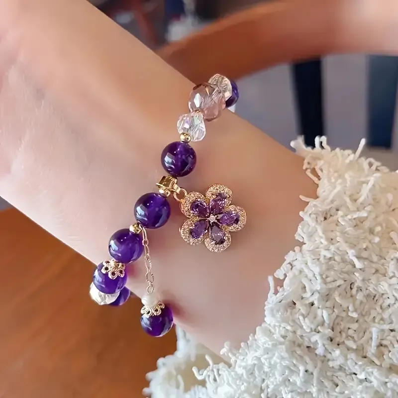 Vintage Bohemian Style Purple Amethyst Beaded Bracelet with Flower Pendant - Perfect for Everyday Wear or as a Gift