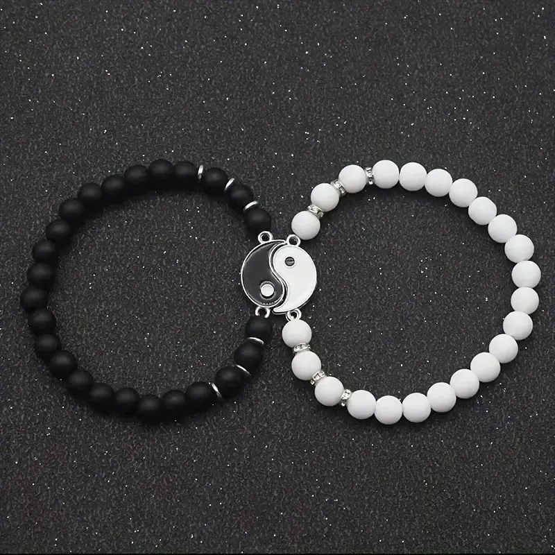 2pcs Yin Yang Tai Chi Bracelets For Women, Elegant & Vintage Beaded Bracelets, Fashion Versatile Jewelry Accessory