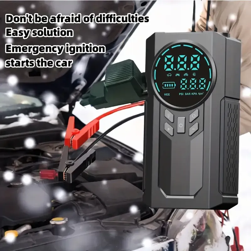 Portable Cordless Car Battery Emergency Starter with Tire Air Pump, LED Display, Flashlight, Mobile Power Supply, and Large Capacity Storage - 8800mAh Lithium Battery