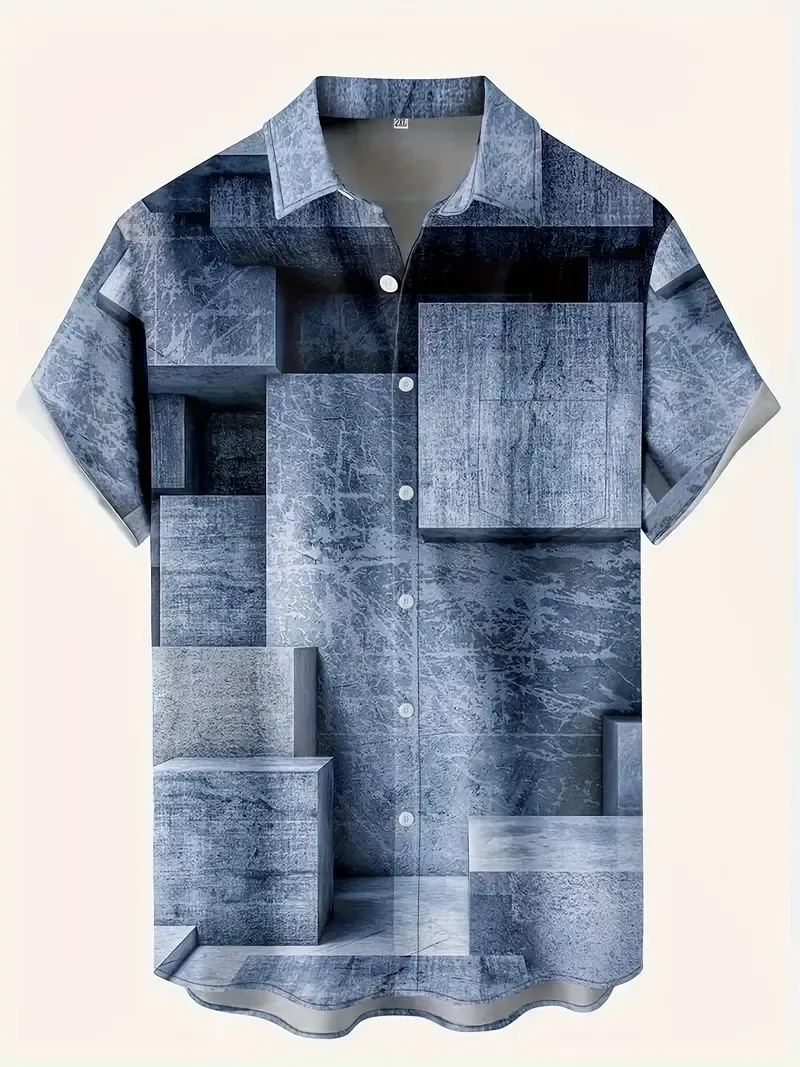Men's Imitation Denim Patchworks Print Short Sleeve Shirt For Summer, Casual Comfy Shirt As Gift