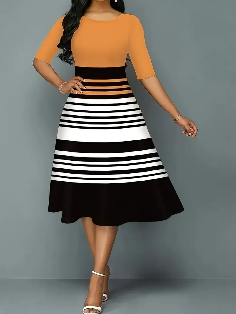 For Summer, Elegant Half Sleeve Midi A-line Striped Crew Neck Dress, Women's Clothing