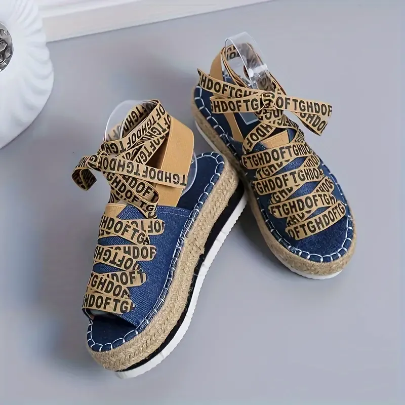 Women's Letter Print Platform Sandals, Casual Open Toe Summer Shoes, Comfortable Lace Up Sandals