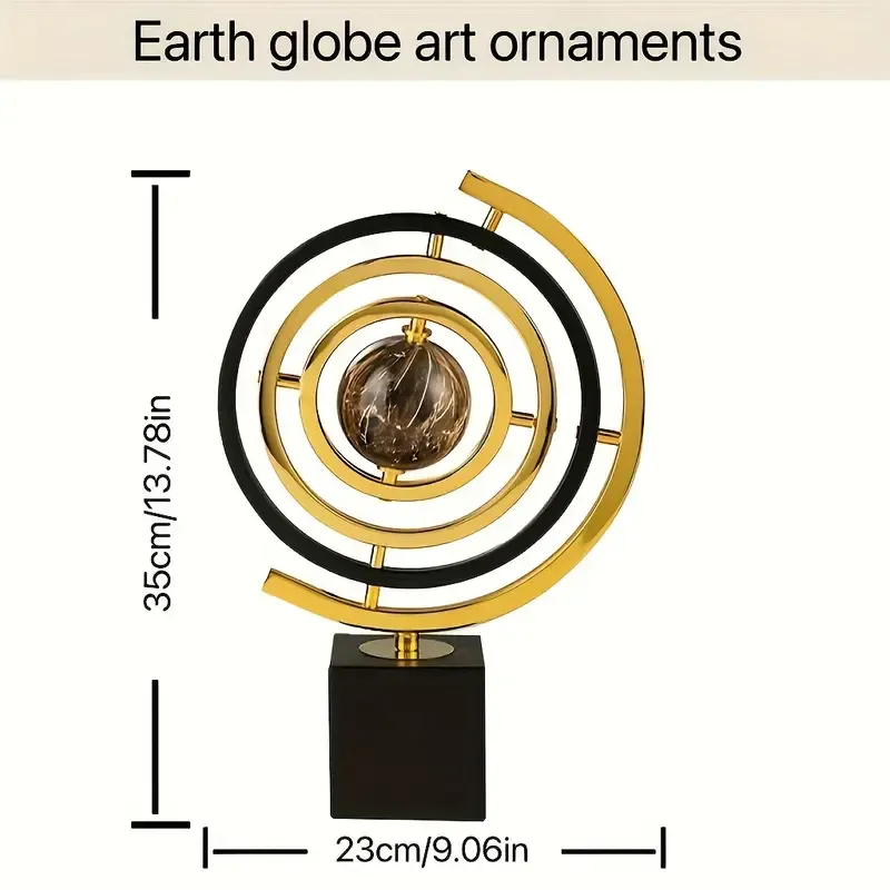 Modern Abstract Metal Globe Sculpture with Rectangular Stand - Black & Golden Art Decor
