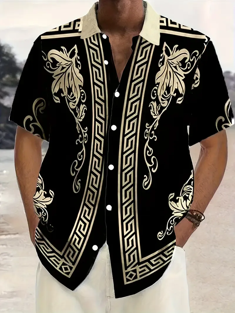 Men's Vintage Design Flower And Geometric Jacquard Print Short Sleeve Button Up Lapel Shirt, Hawaiian Fashion Tops For Summer Street, Casual And Holiday Wear