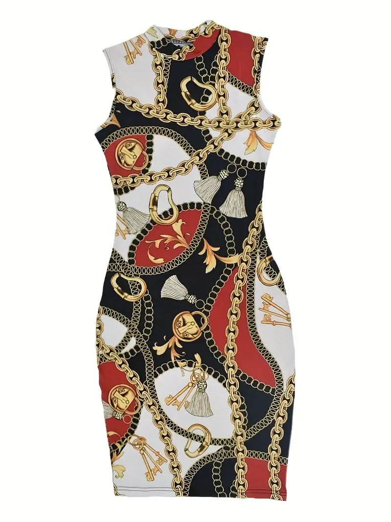 Chain Print Tank Dress, Casual Crew Neck Slim Sleeveless Bag Hip Random Printing Dress, Women's Clothing