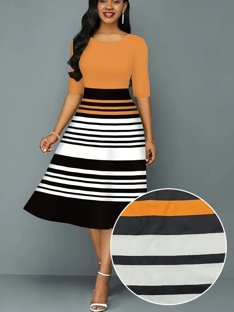 For Summer, Elegant Half Sleeve Midi A-line Striped Crew Neck Dress, Women's Clothing