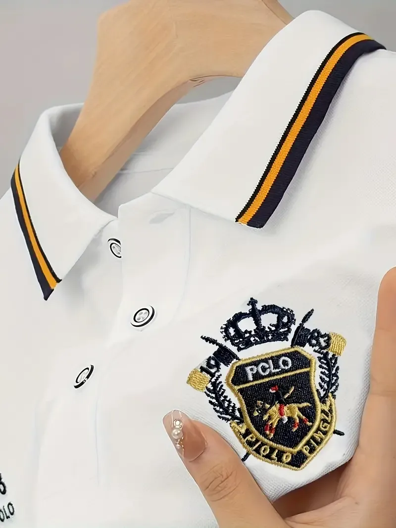 Men's Short Sleeve Lapel Shirt With Embroidered Design, Casual Summer Fashion For Young Men
