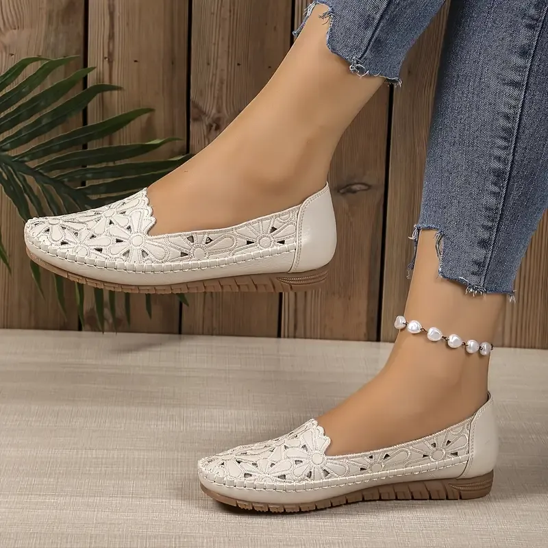 Comfortable Flats Lightweight, Comfortable Women's Fashionable Cut-Out Slip-On Flats | Synthetic Upper, Decorative Lace Design, White and Beige, Casual Attire, Casual Footwear
