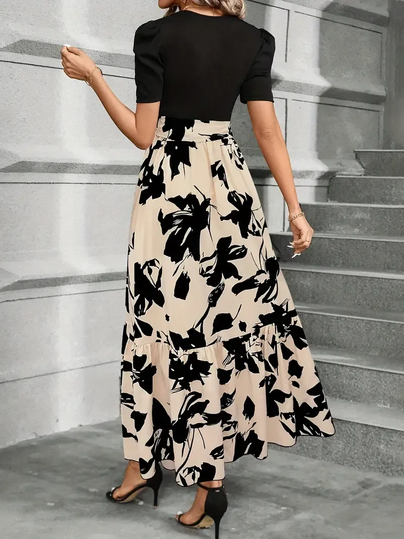 Lace Up Floral Print Splicing Dress, Elegant Crew Neck Short Sleeve Dress For Spring & Summer, Women's Clothing