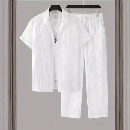 Men's Striped Short Sleeve Shirt Button-Down Lapel Suit