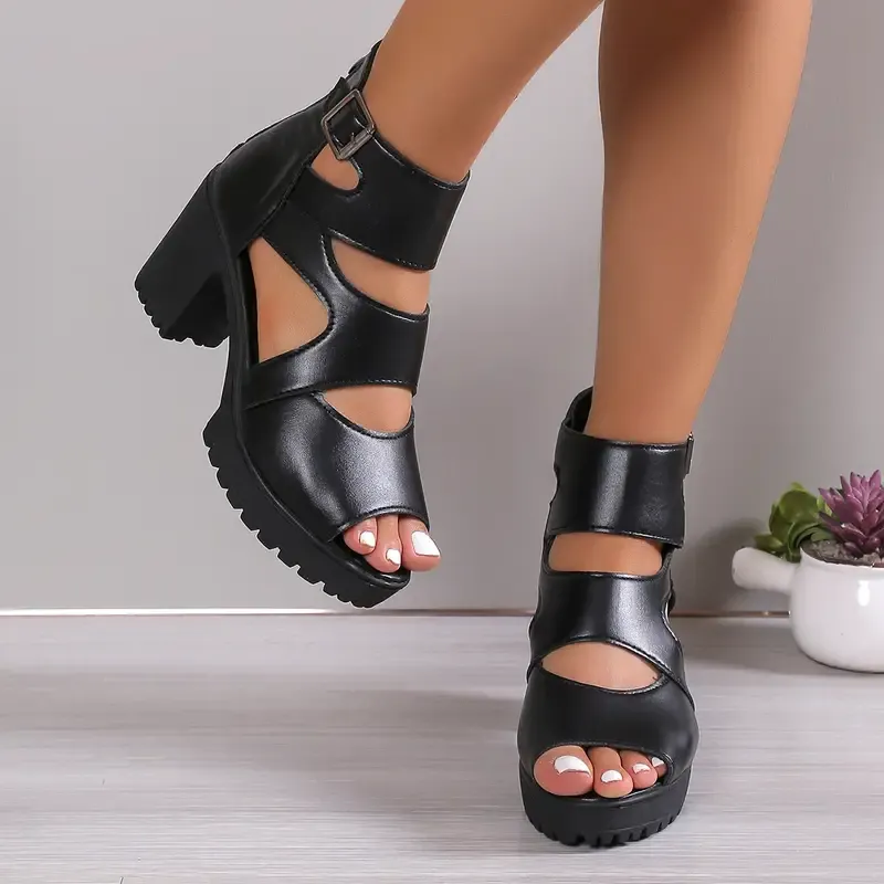 Women's Solid Color Block Heeled Sandals, Fashion Open Toe Dress Pumps, Stylish Back Zipper Heels