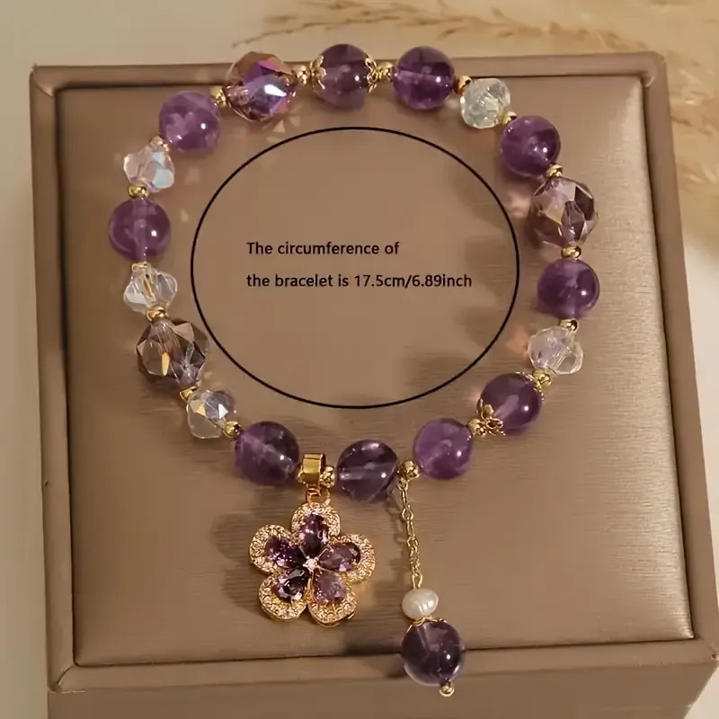 Vintage Bohemian Style Purple Amethyst Beaded Bracelet with Flower Pendant - Perfect for Everyday Wear or as a Gift