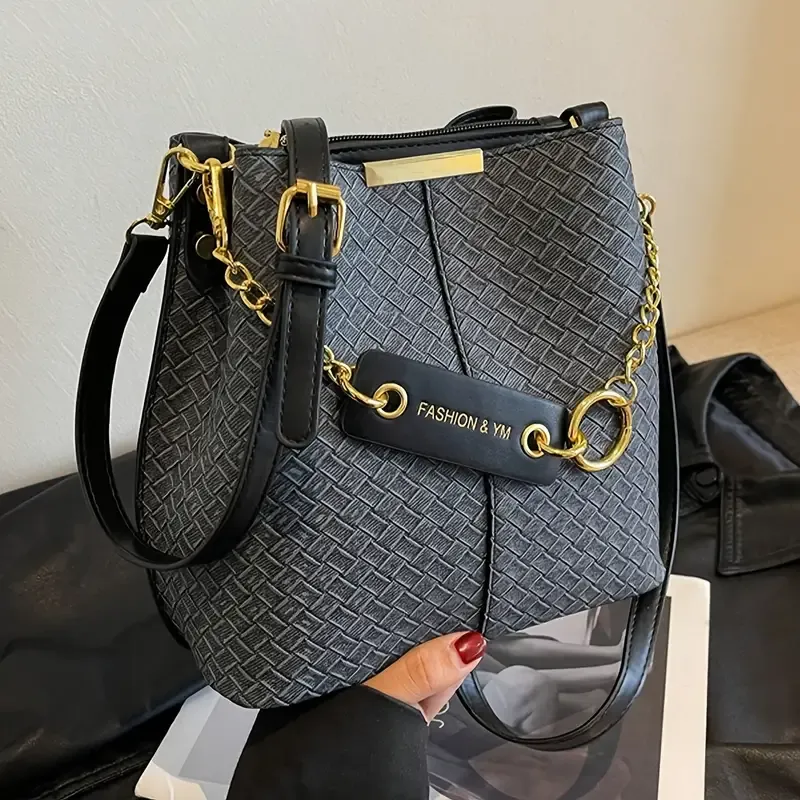 Elegant Women's Bucket Bag with Adjustable Strap - Chic Plaid Faux Leather, Magnetic Closure, Perfect for Work & Casual Outings