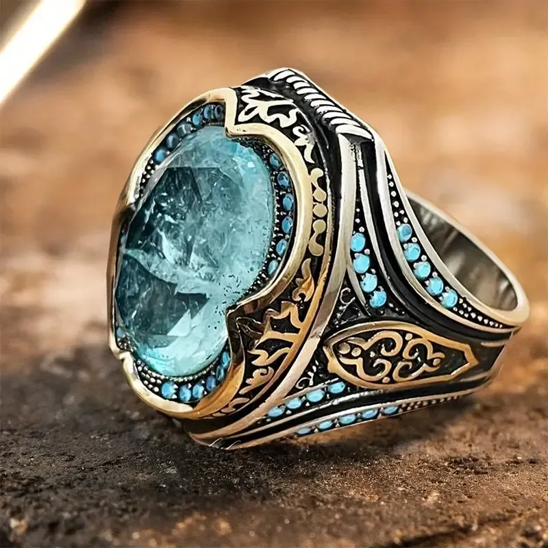 Handcrafted Vintage Turkish Blue Cubic Zirconia Ring, Antique Silvery Finish, Fashionable Islamic Jewelry