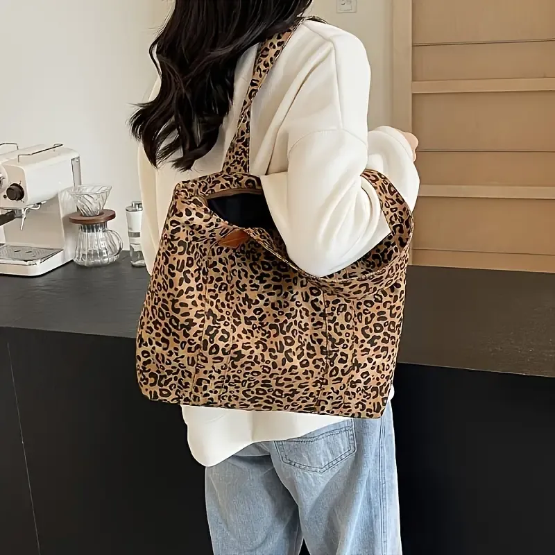 Chic Leopard Print Canvas Tote Bag for Women - Spacious Shoulder Handbag with Zip Closure, Nylon Lined