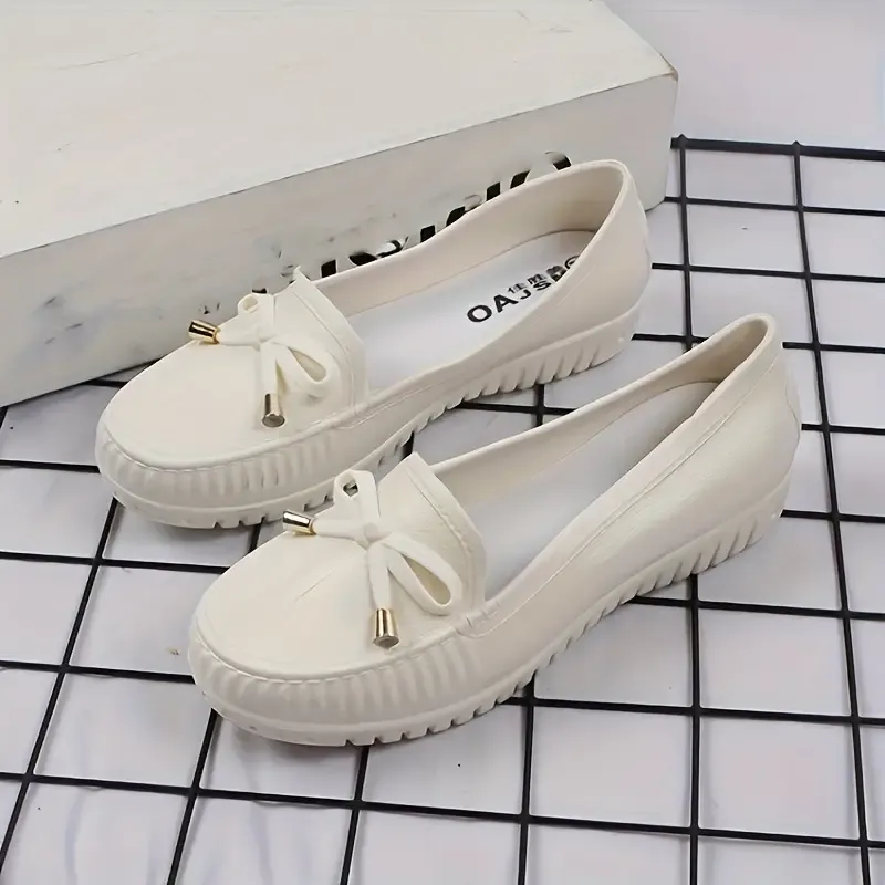 Women's Bowknot Decor Loafers, Casual Slip On Flat Shoes, Lightweight & Comfortable PVC Shoes