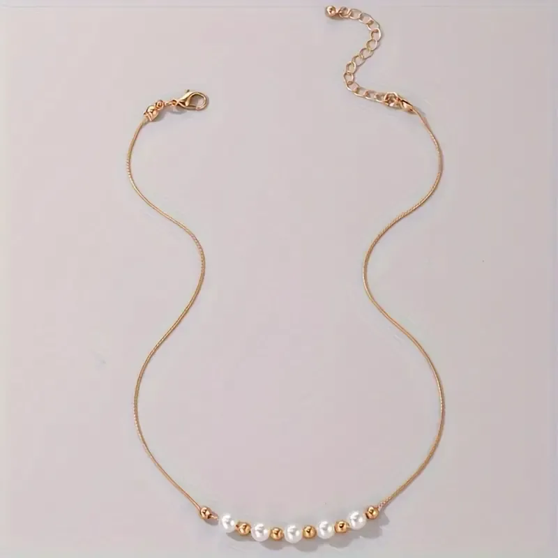 1pc White Faux Pearls Beads Thin Chain Necklace Simple Versatile Minimalist Neck Chain Jewelry