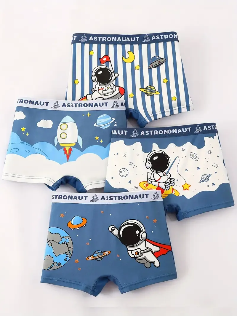 4 Pcs Toddler Boys Underwear 95% Cotton Soft Breathable Cartoon Spaceman Pattern Comfy Boxers Briefs