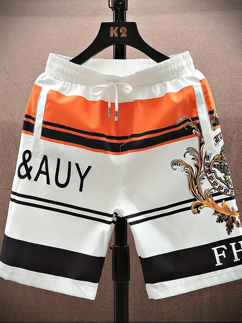 Men's shorts Summer trend European print straight leg casual quarter pants trend ice silk beach pants loose pants