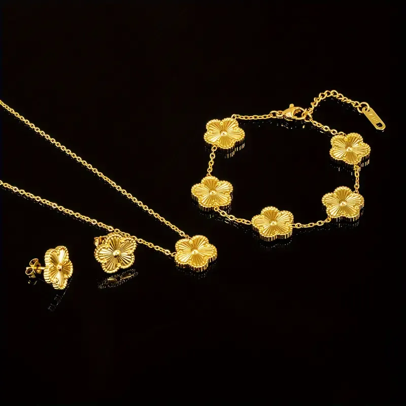 5 Petal Flower Golden Jewelry Set Stainless Steel 18K Gold Plated Elegant Necklace Bracelet And Stud Earrings Adjustable Chain Vintage Chic Jewelry Accessories Valentine's Day Gift For Women