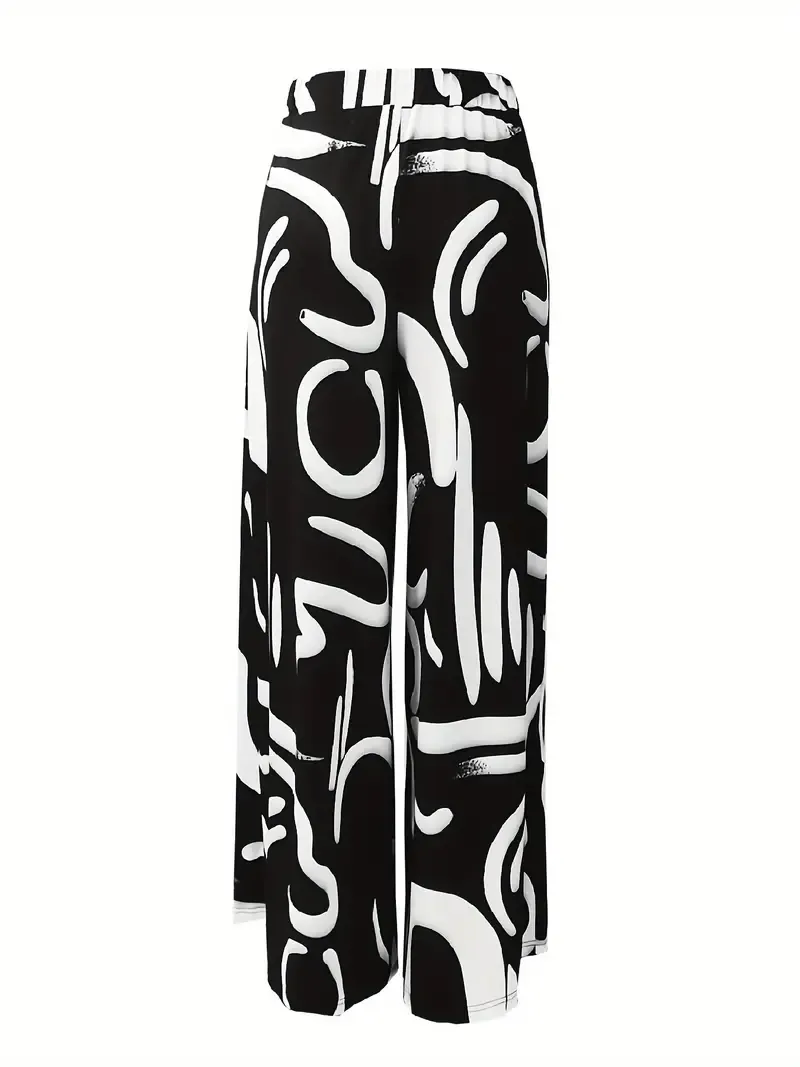Wide Leg High Waist Brush Print Pants, Casual Loose Pants For Spring & Summer, Women's Clothing