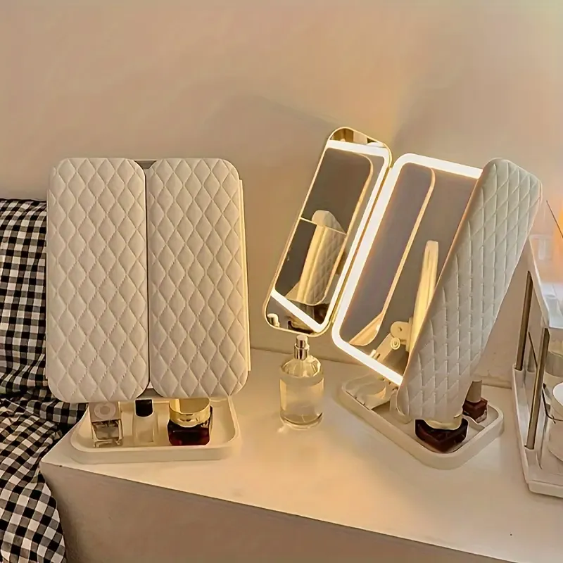 1PC LED Vanity Mirror with Leatherette Stand and Rechargeable Battery, Smart Touch Control, Foldable, Cartoon Theme, Polished Finish, Plastic Frame, USB Powered, Alcohol-Free, for Residential Aesthetic and Makeup Use