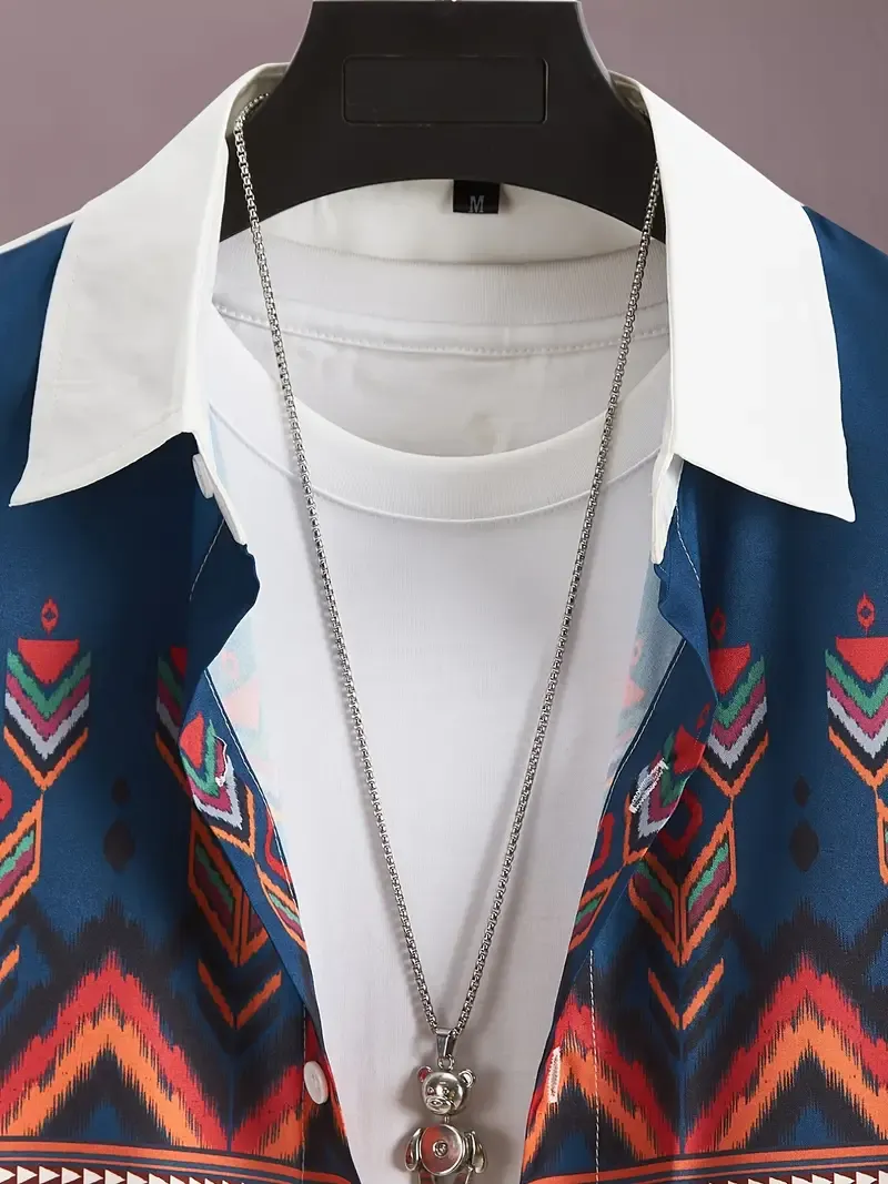 Bohemian Holiday Style Men's Summer Short Sleeve Color Block Lapel Shirt, Gift For Men